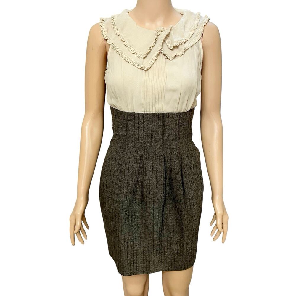 BCBG MaxAzria Wool Silk Career Dress Size 6 2010s Twee Ruffle Collar Pinstripe